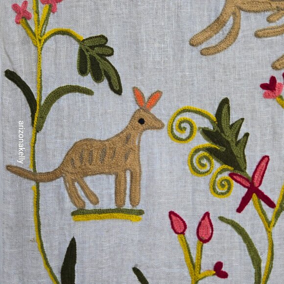 Tolani Linen Scarf Embroidered With Whimsical Animals and Plants - Picture 8 of 11